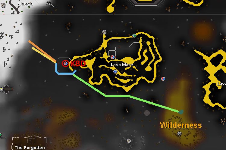 Map showing burning amulet, obelisk, Ghorrock and canoe approaches to the KBD entrance