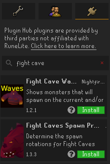 RuneLite Plugin Hub search for fight cave showing the Install button for Fight Caves Spawn Predictor in the second result