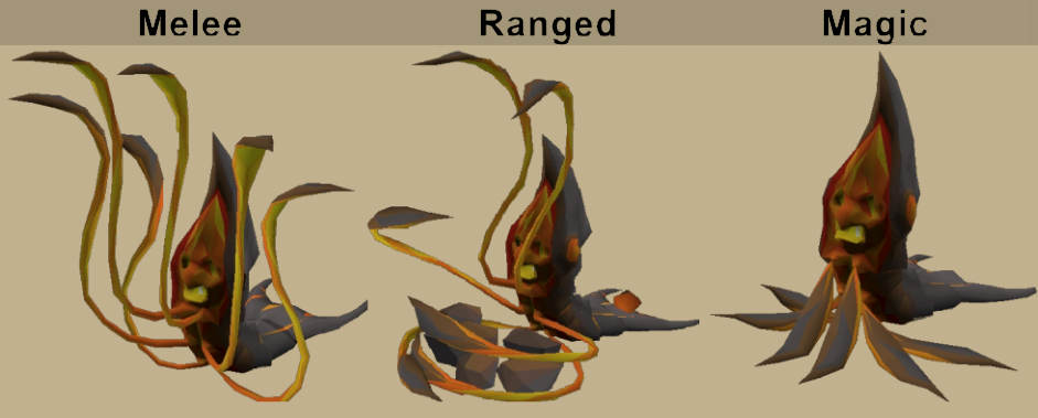 The melee, ranged and magic Vanguards shown side by side with their distinct tentacles and rocks