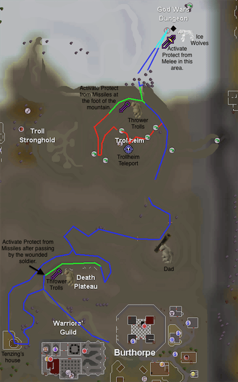 God Wars Dungeon approach map showing Burthorpe and Trollheim routes and protection-prayer areas