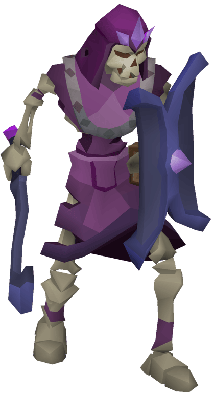 Calvarion in his normal skeletal form holding a sword and shield