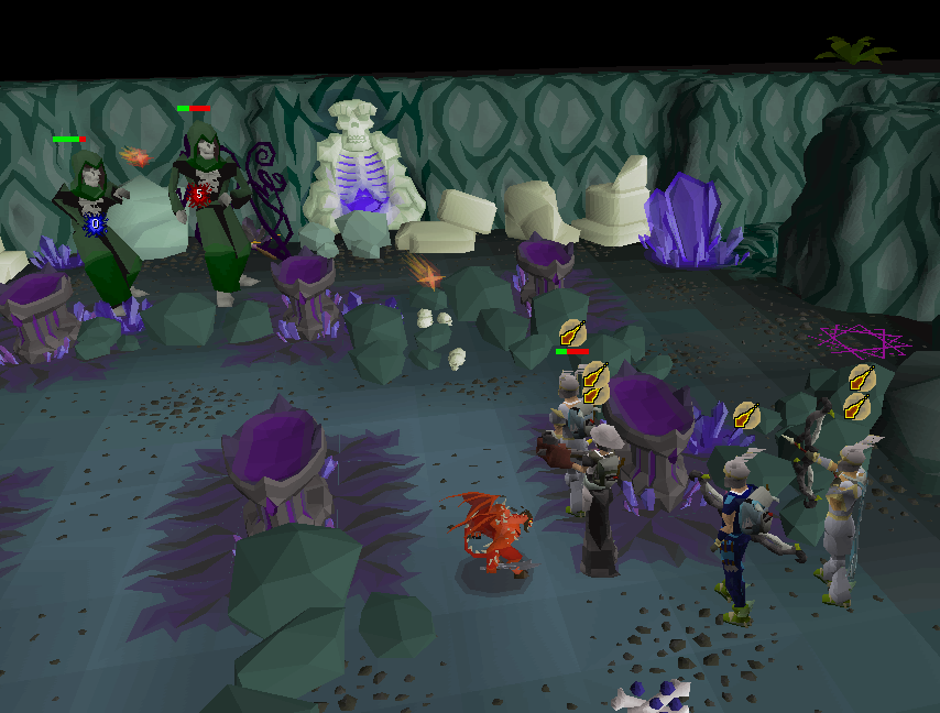 A team fighting Skeletal Mystics inside the Chambers of Xeric