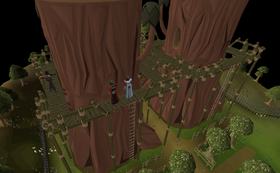 Players cutting redwoods on the Woodcutting Guild scaffolding
