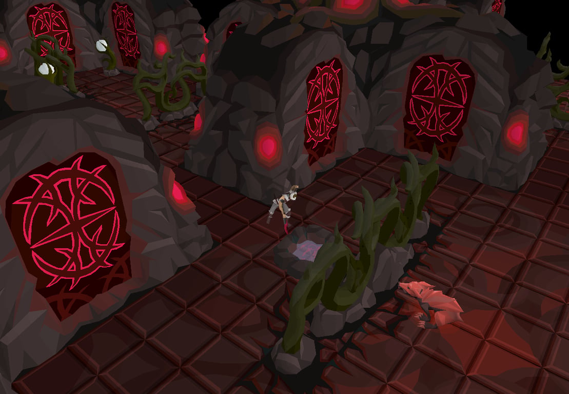 A player exploring the red Corrupted Gauntlet dungeon while gathering preparation supplies
