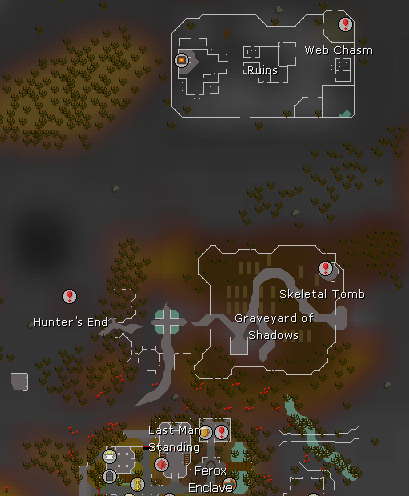 Map of the smaller Wilderness boss locations including Spindels Web Chasm