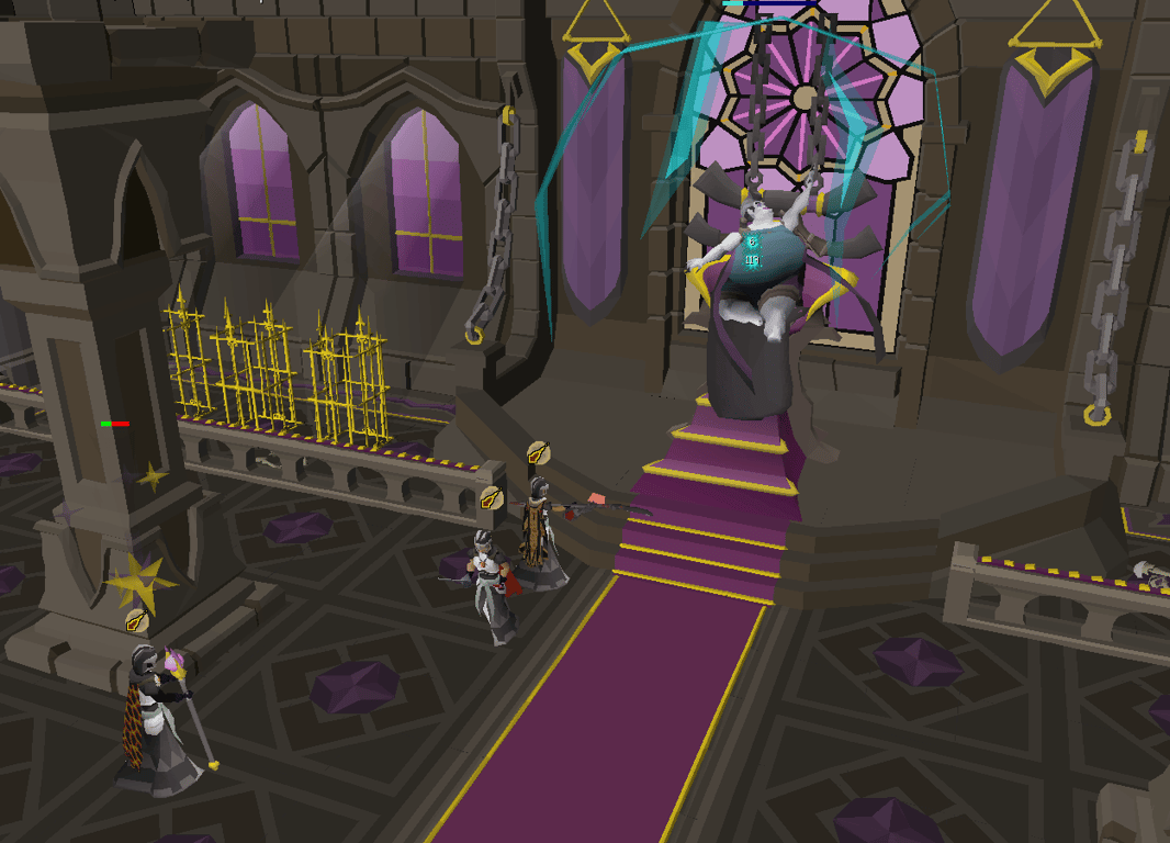 Verzik on her throne with pillars available for the Dawnbringer phase