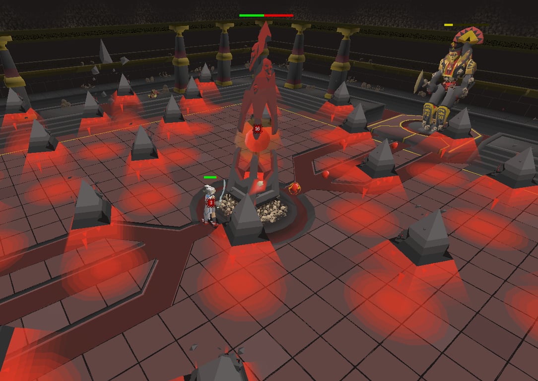 Wardens phase one with the obelisk active and floating pyramids projecting red danger areas across the arena