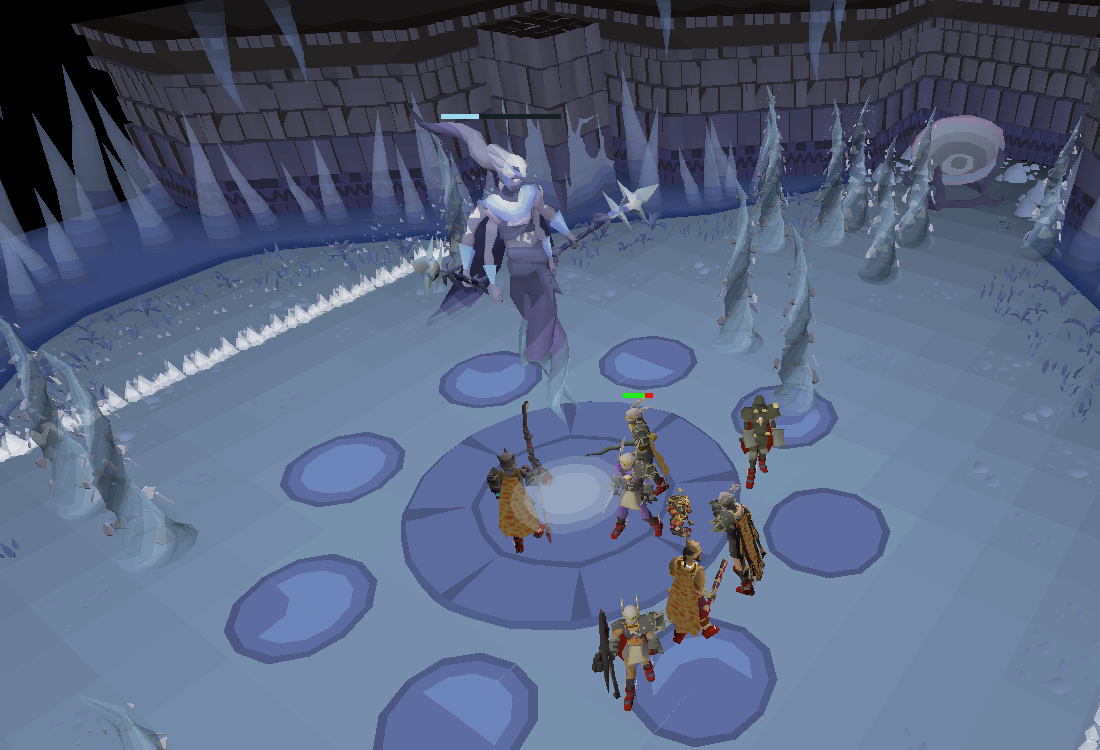 Blue Moon's chamber showing ice hazards and the floor glyphs used during the encounter