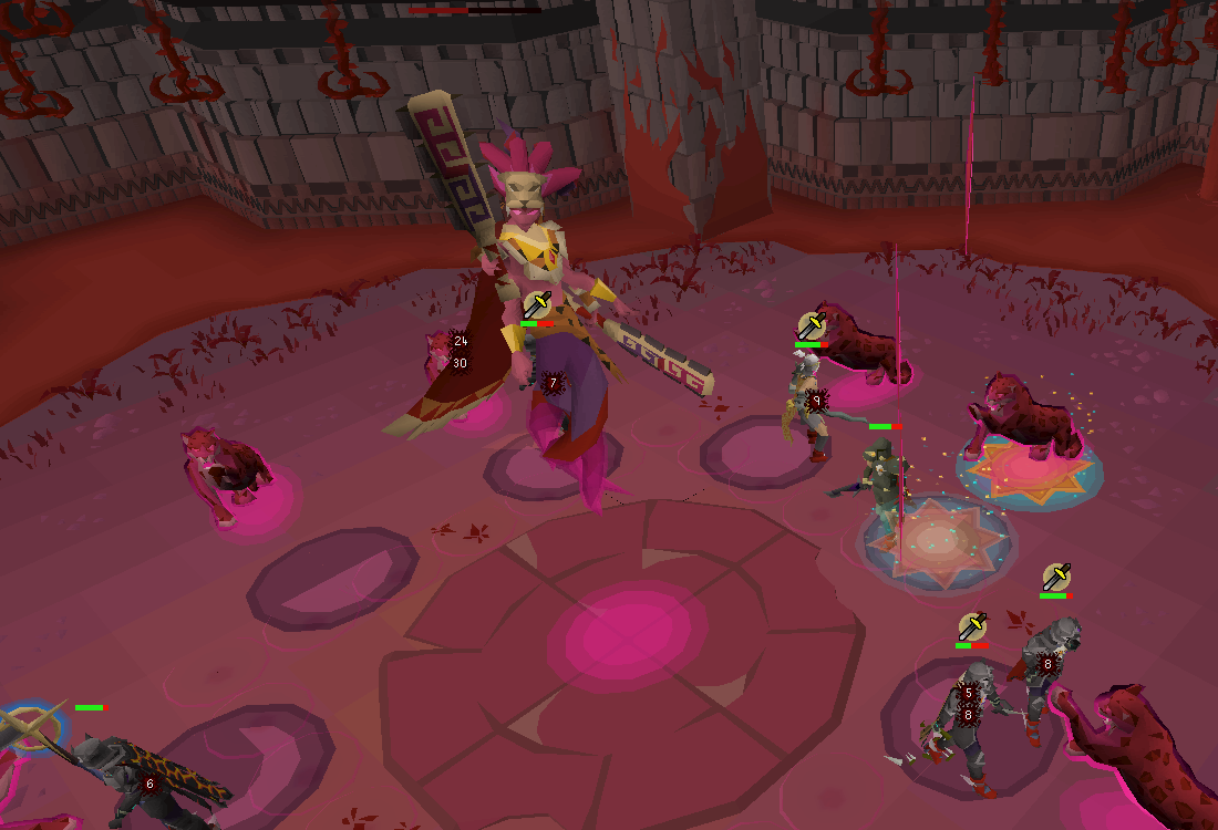 Blood Moon's jaguar phase with highlighted floor protection and surrounding blood pools