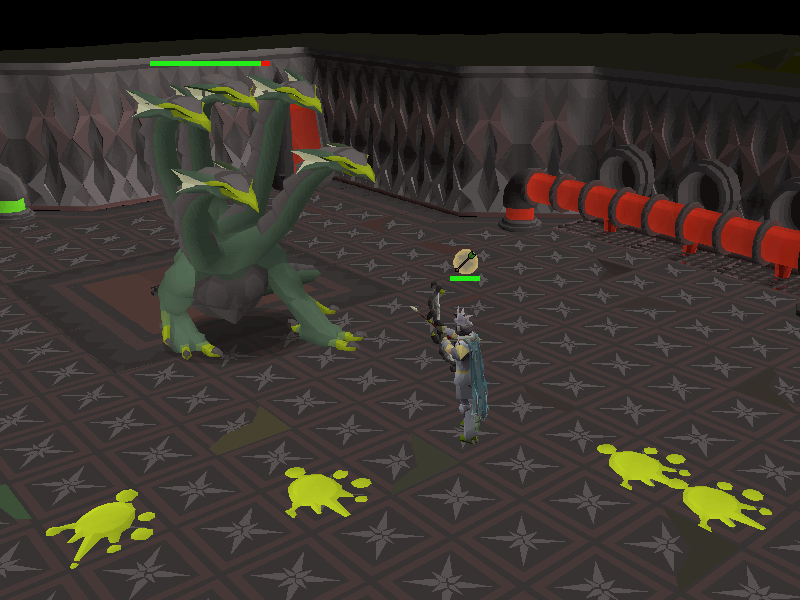 Alchemical Hydra in its green phase with poison hazards in the chamber