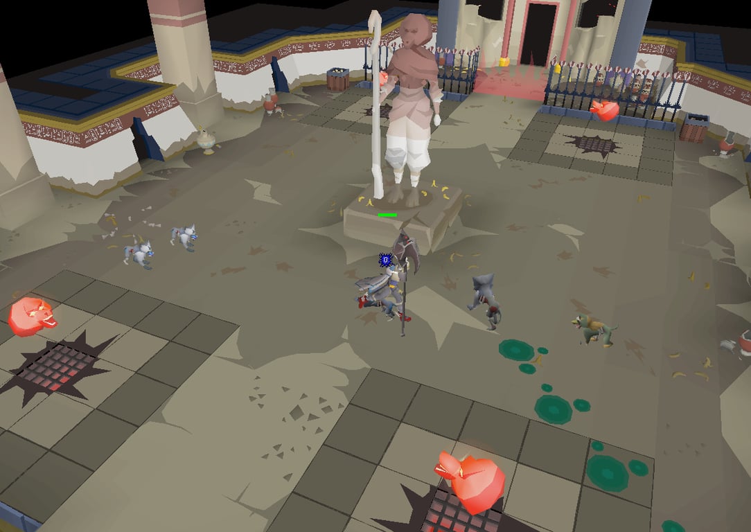 The Path of Apmeken combat room with vents, pillars and the sight marker used for room-maintenance calls