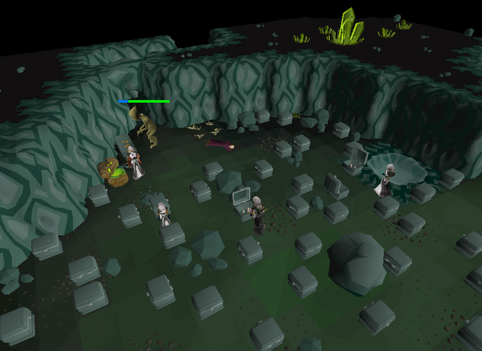 Players searching chests in the Thieving room while the corrupted scavenger waits beside the trough