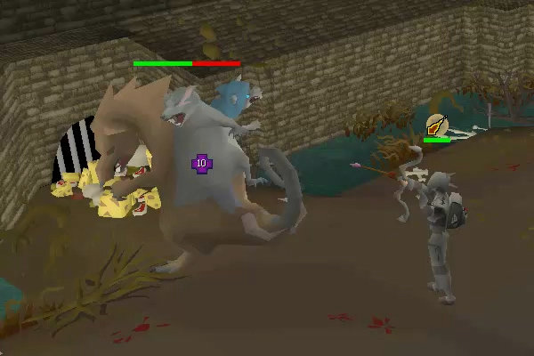A player fighting Scurrius beside a food pile in the lair