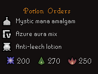 Mastering Mixology interface displaying current potion orders and processing symbols