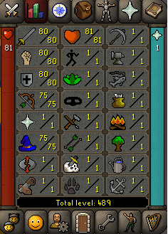 Base 80's
80 Attack - 80 Str - 80 Defense - 75 range - 75 magic