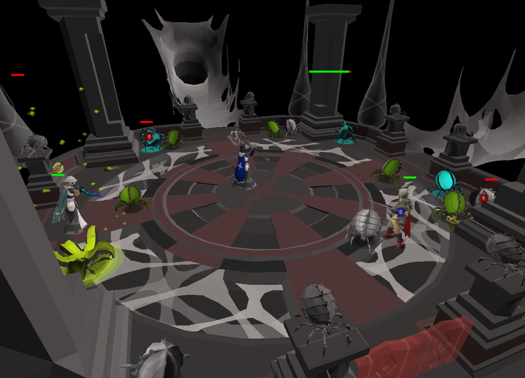 Nylocas of different colours approaching the pillars in the Theatre of Blood