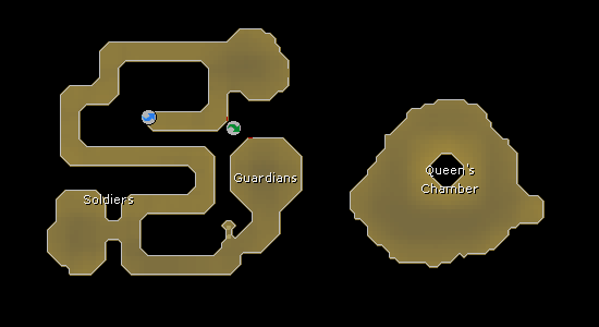 Map of the Kalphite Lair showing the winding route past soldiers and guardians to the Queen chamber
