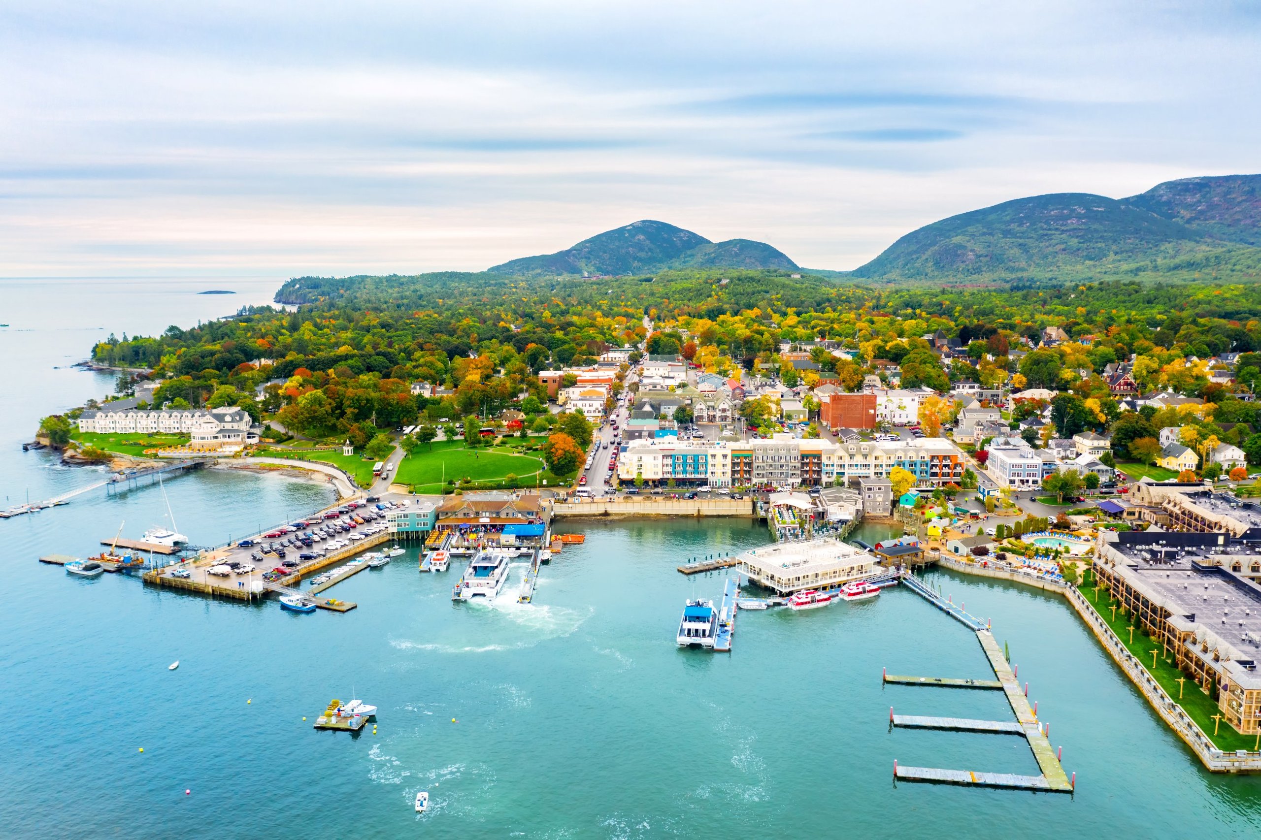 Aerial view of Bar Harbor with mountains in background