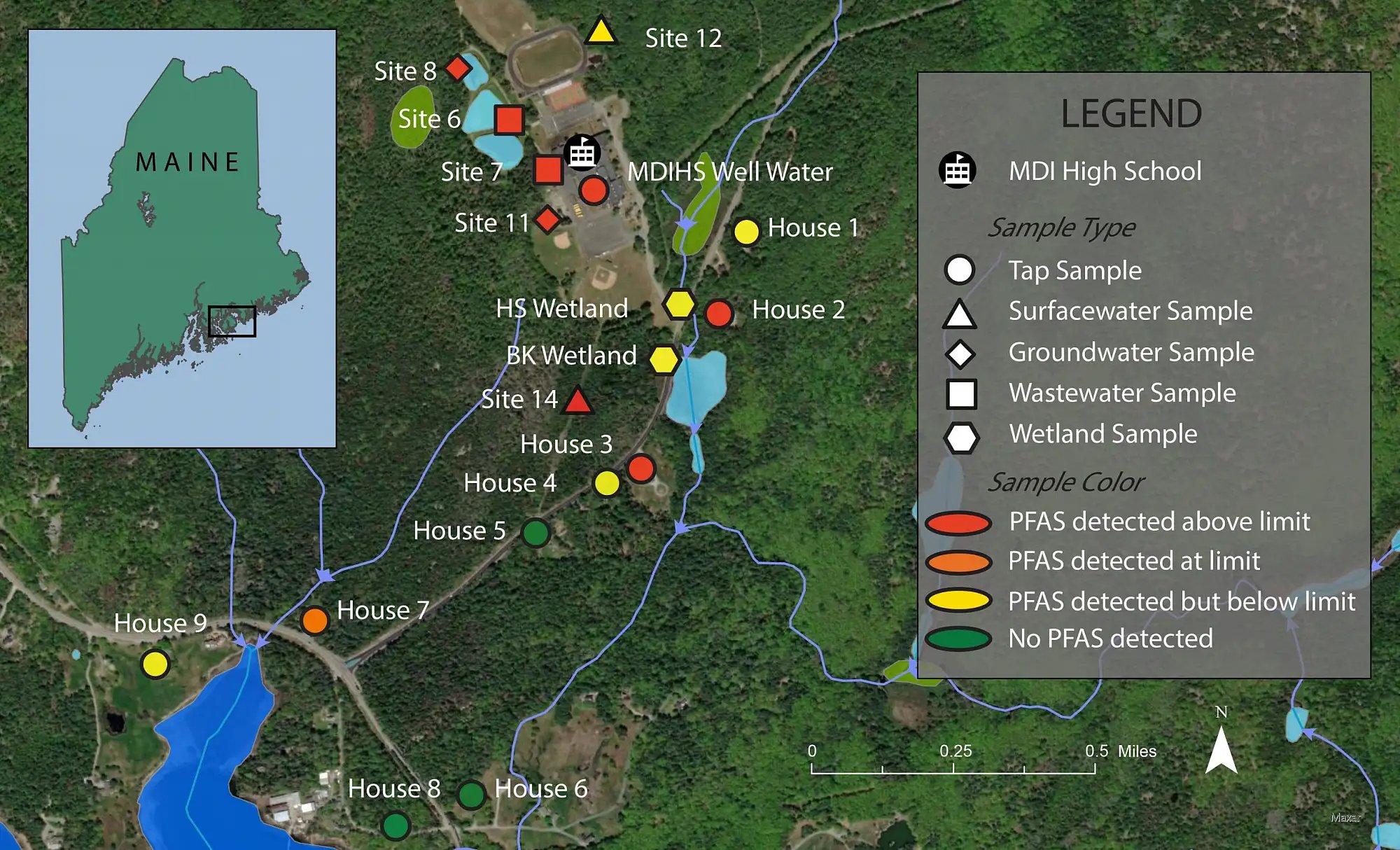 Map showing sampling sites and PFAS