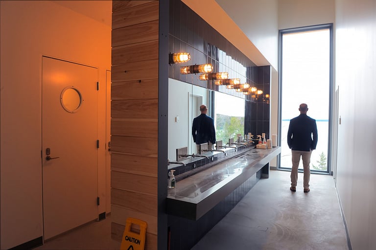 Modern restroom with large windows