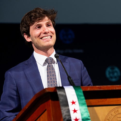 Syrian former political prisoner Omar Alshogre delivers the keynote address at College of the Atlantic's 52nd commencement.