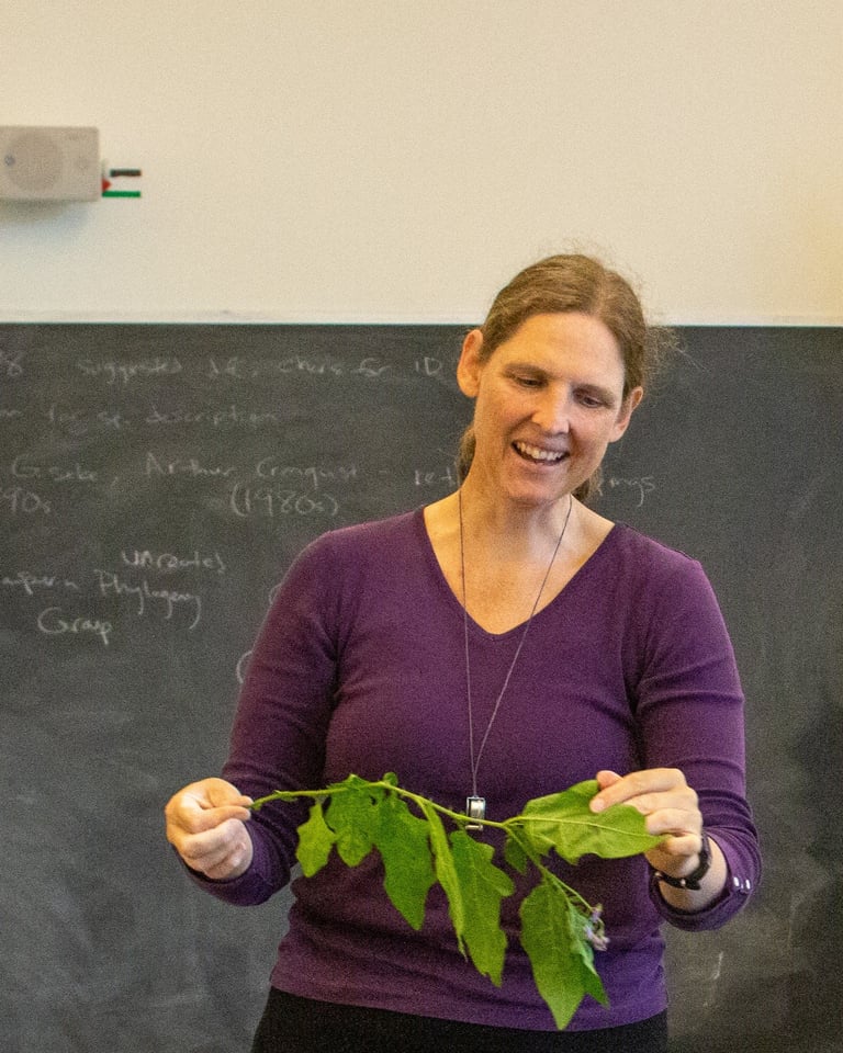 susan in classroom holding a branch with leaves