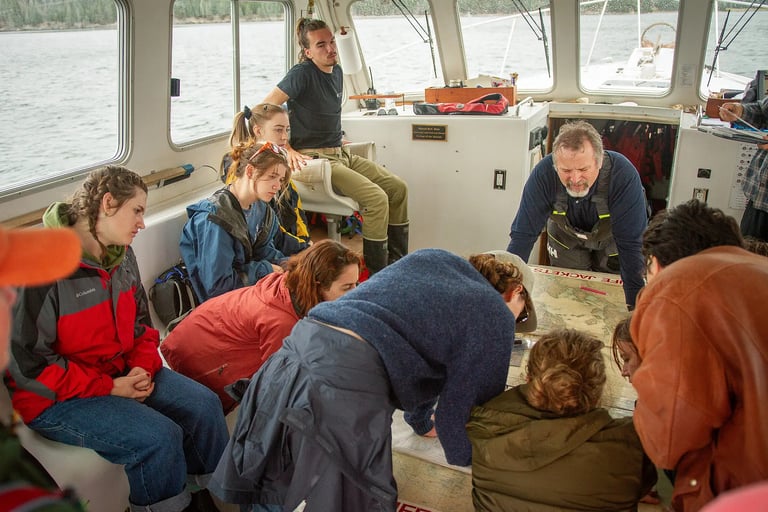 Group studying map on boat