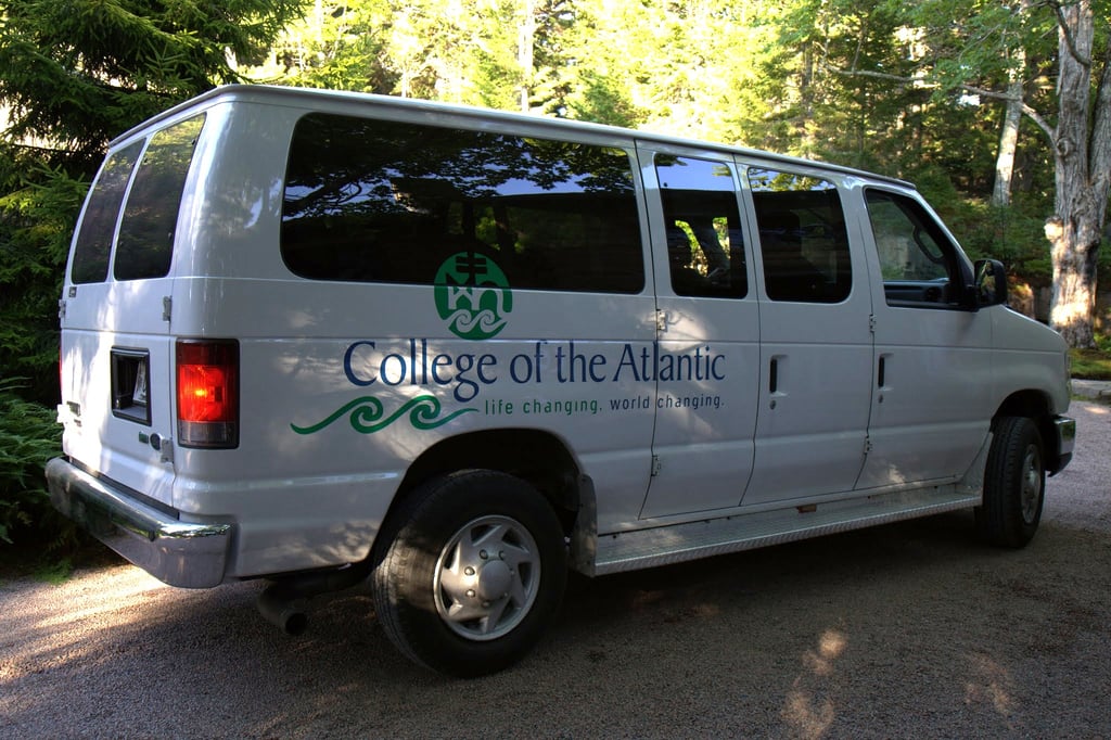 White van with College of the Atlantic