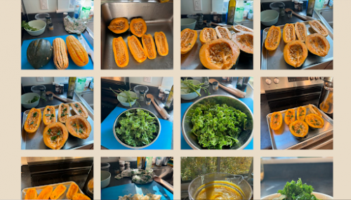 Preparing food with squash and greens