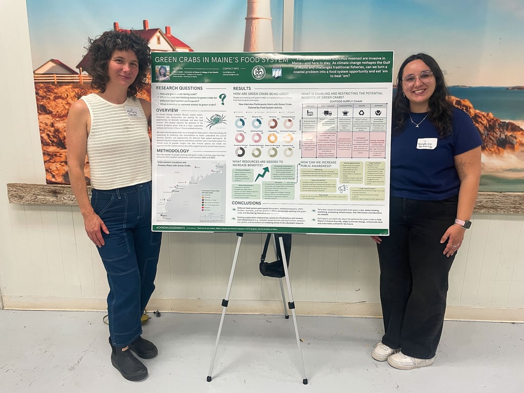 Two women presenting research poster.