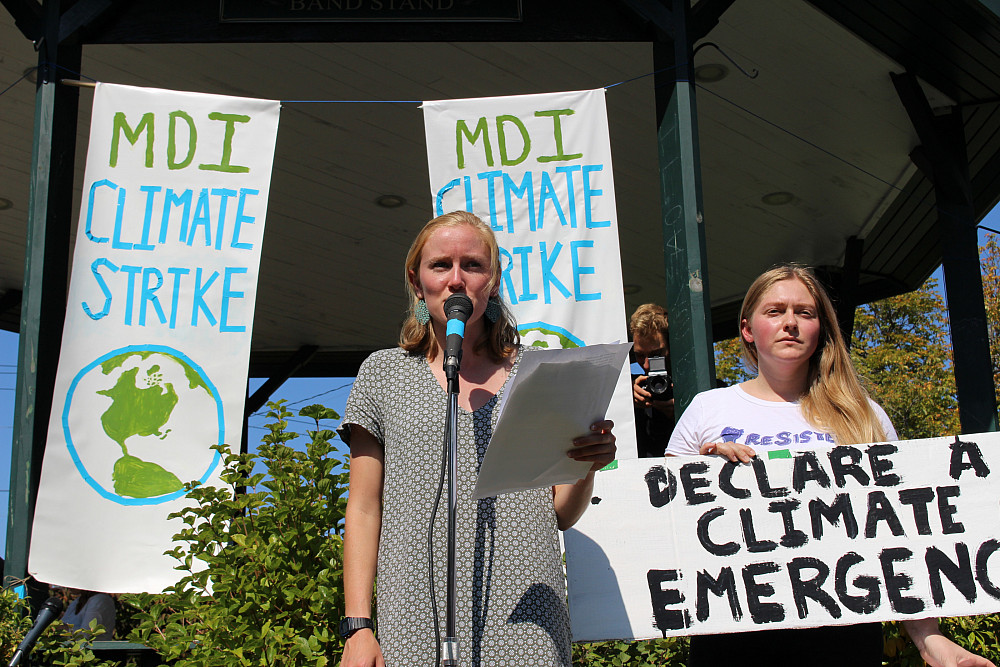 Ania Wright ’20 speaks at the Bar Harbor Climate Strike rally, which she helped to organize. ...