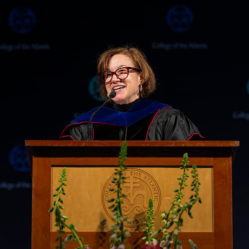 COA President Sylvia Torti delivers a welcome address at College of the Atlantic's 52nd commencement.