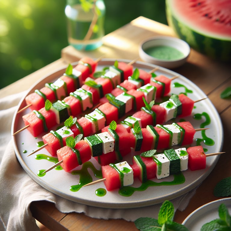 Watermelon and Feta Skewers with Mint Drizzle