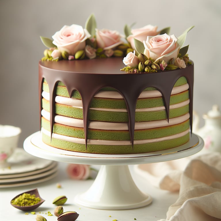 Pistachio Rose Opera Cake