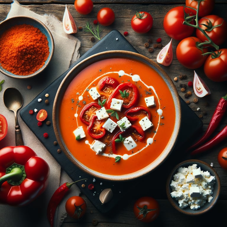 Roasted Red Pepper and Tomato Soup with Feta