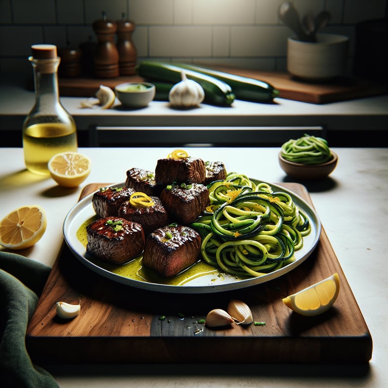 Garlic Butter Steak Bites with Lemon Zucchini Noodles