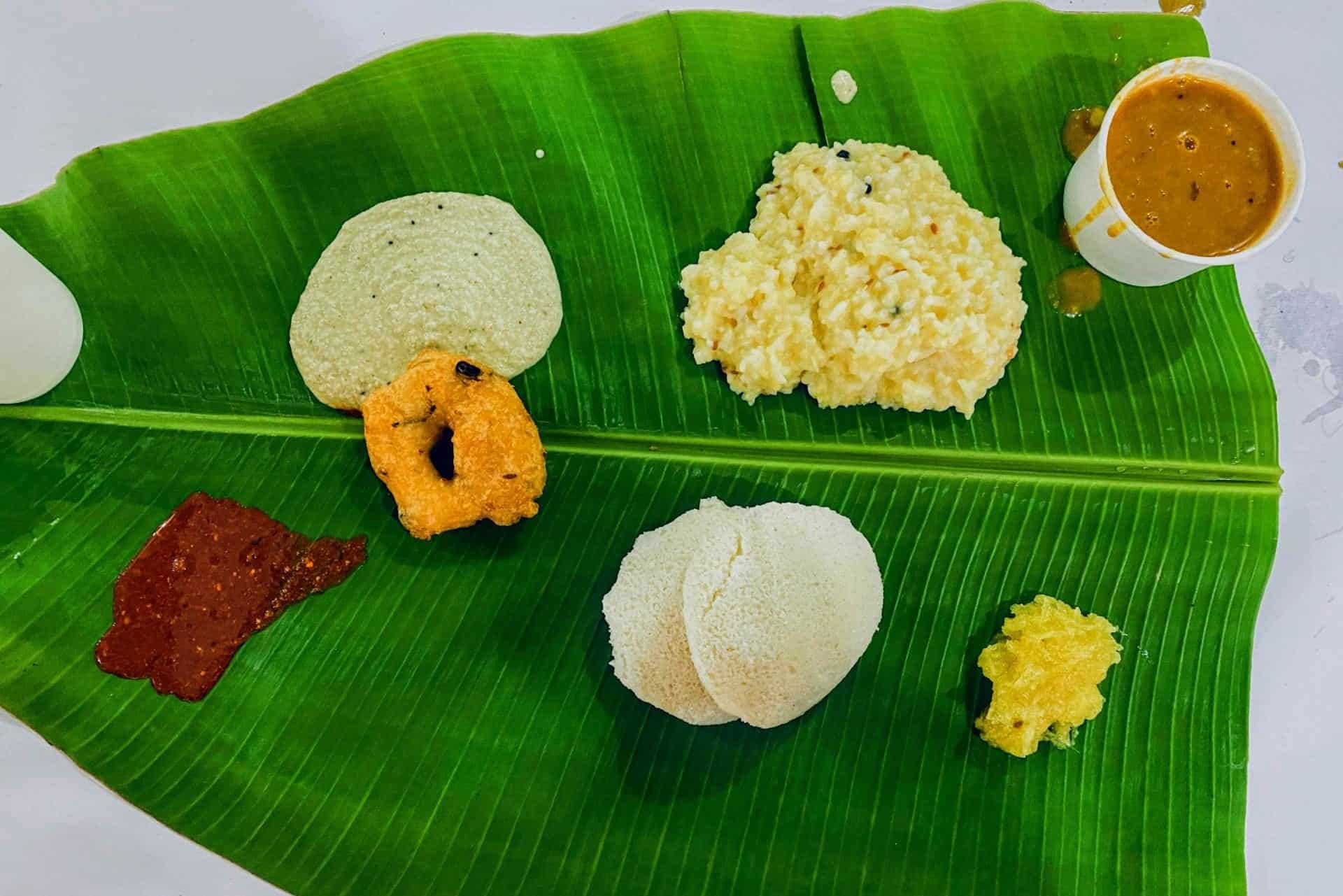 Pongal South Indian breakfast on a banana leaf