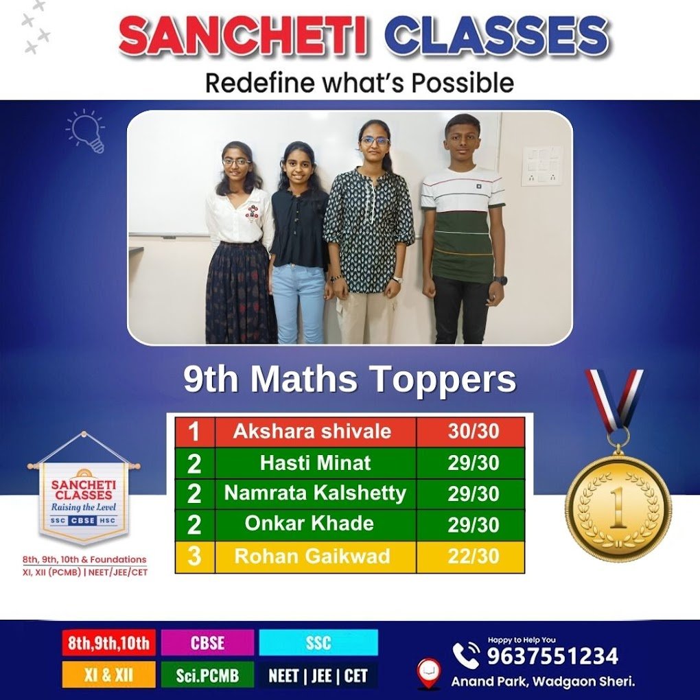 Sancheti Classes - Best Coaching Classes in Pune (8th, 9th, 10th, 11th, 12th, IIT-JEE, NEET, MH-CET, SSC, CBSE) Wadgaon Sheri - 2