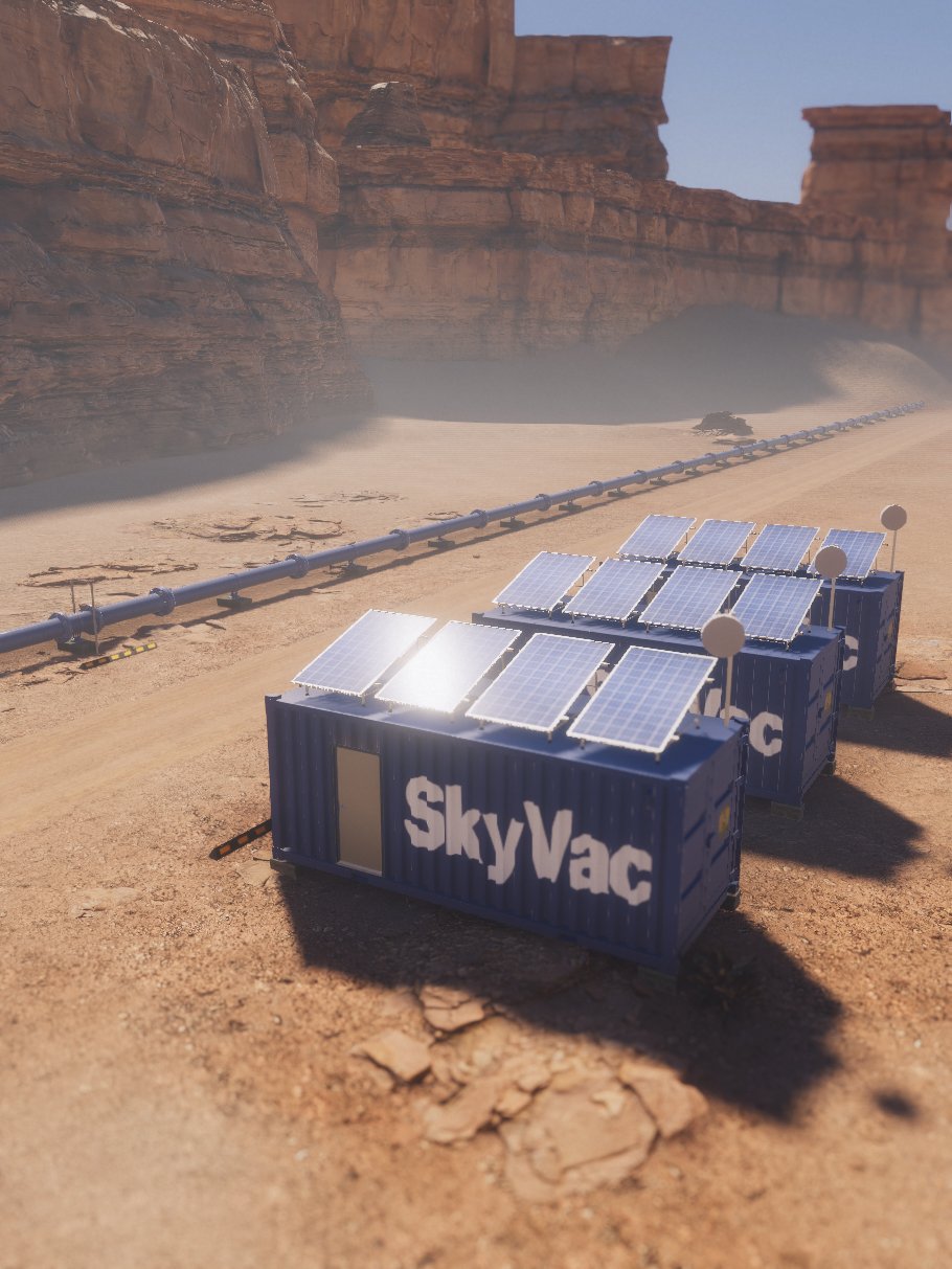 Alternate angle of 3 SKYVAC units installed in a desert alongside a natural gas pipeline