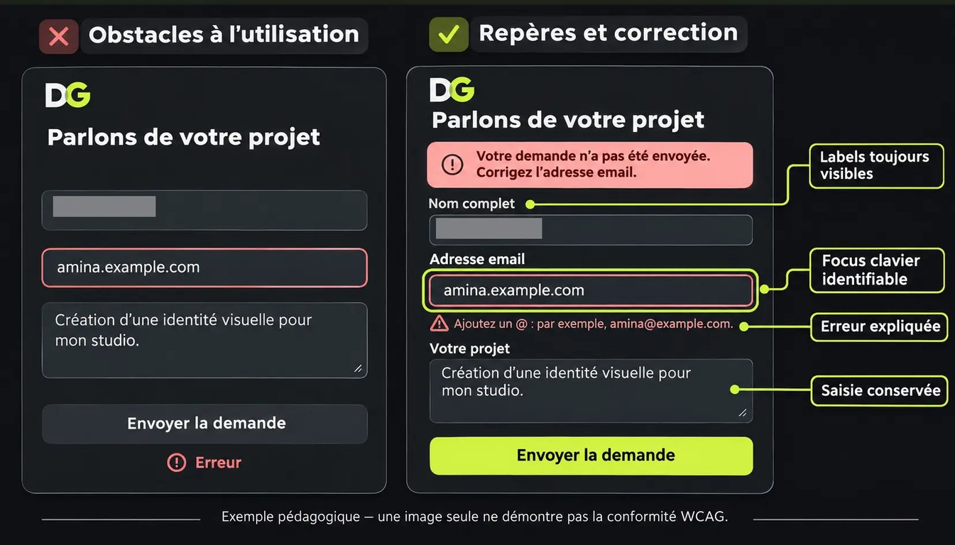 Illustration de repères d’accessibilité dans un formulaire : labels, focus et message d’erreur