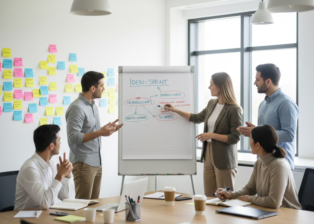 Team workshop with flipcharts and discussion