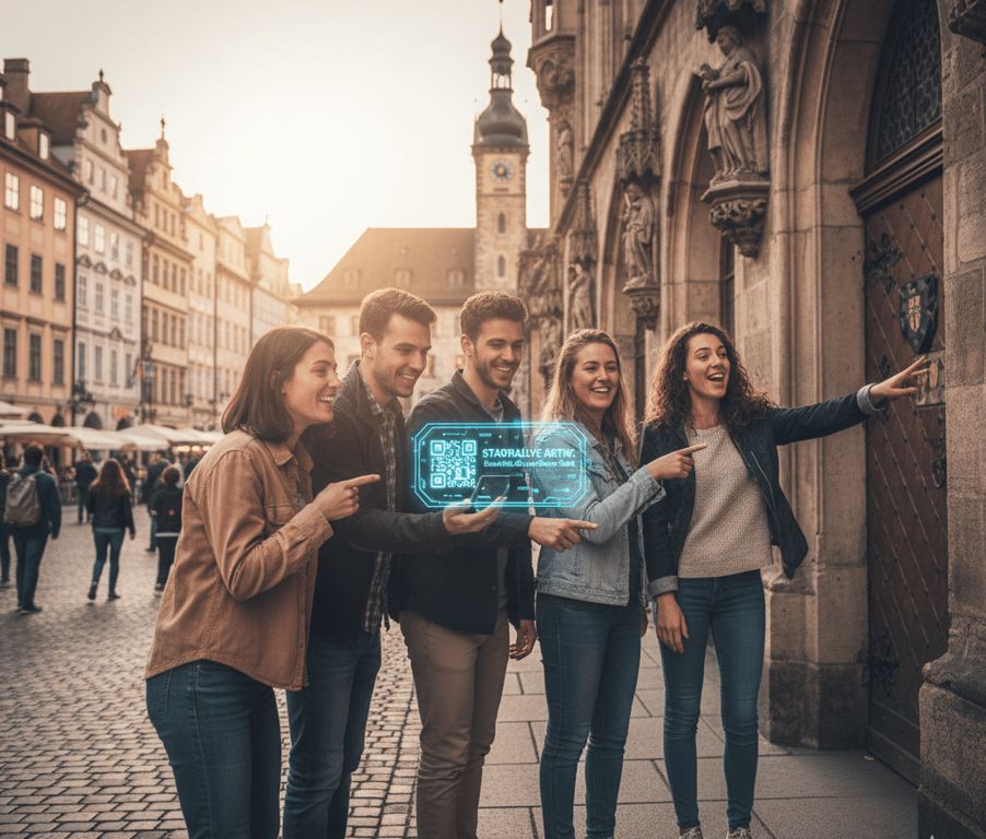 Hotel guests exploring surroundings with interactive game