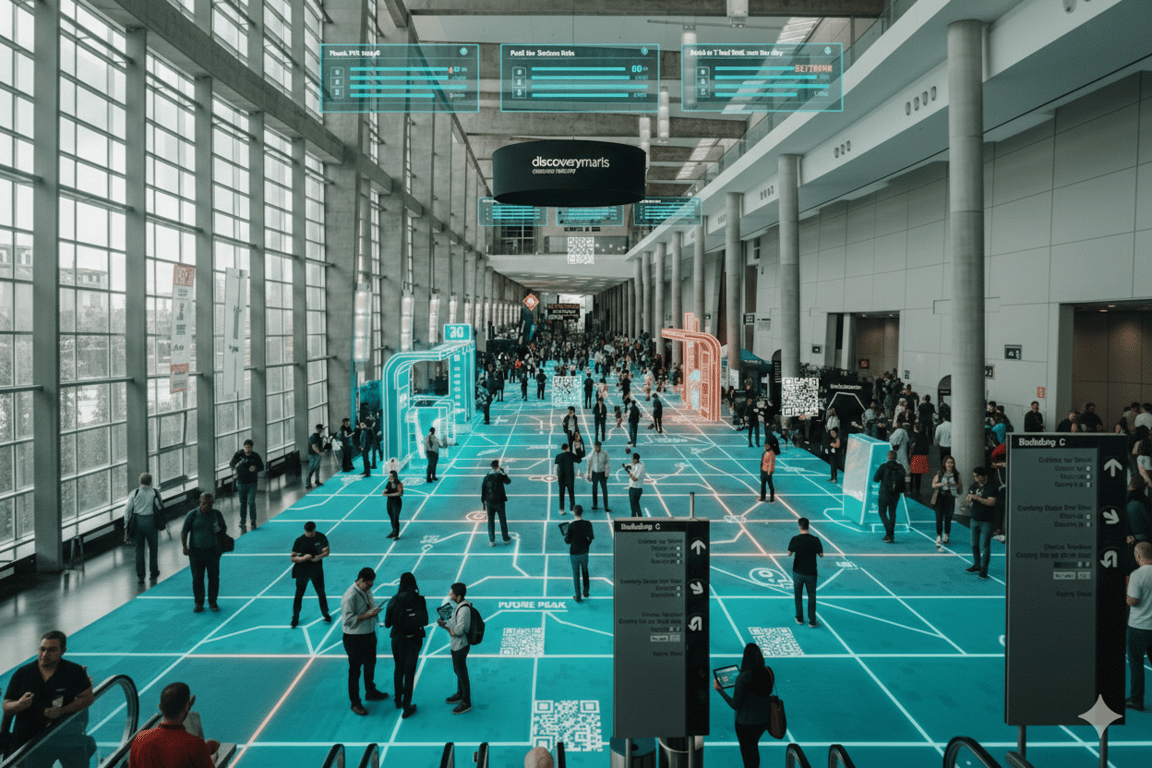 Convention visitors guided by interactive game to stands