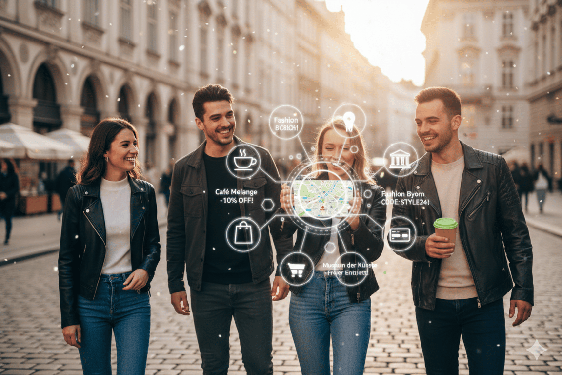 City marketing setting with tourists playing interactive game in the city, with partner logos and discount codes