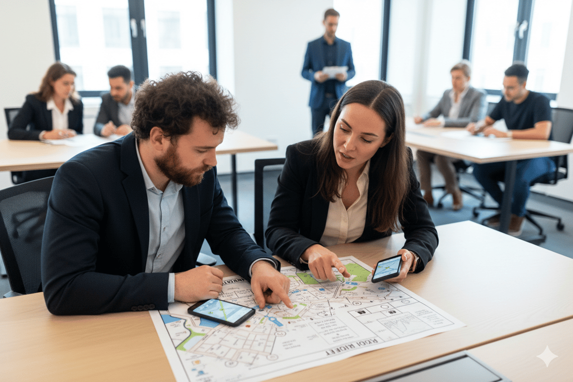 Assessment center with candidates solving tasks and discussing strategy