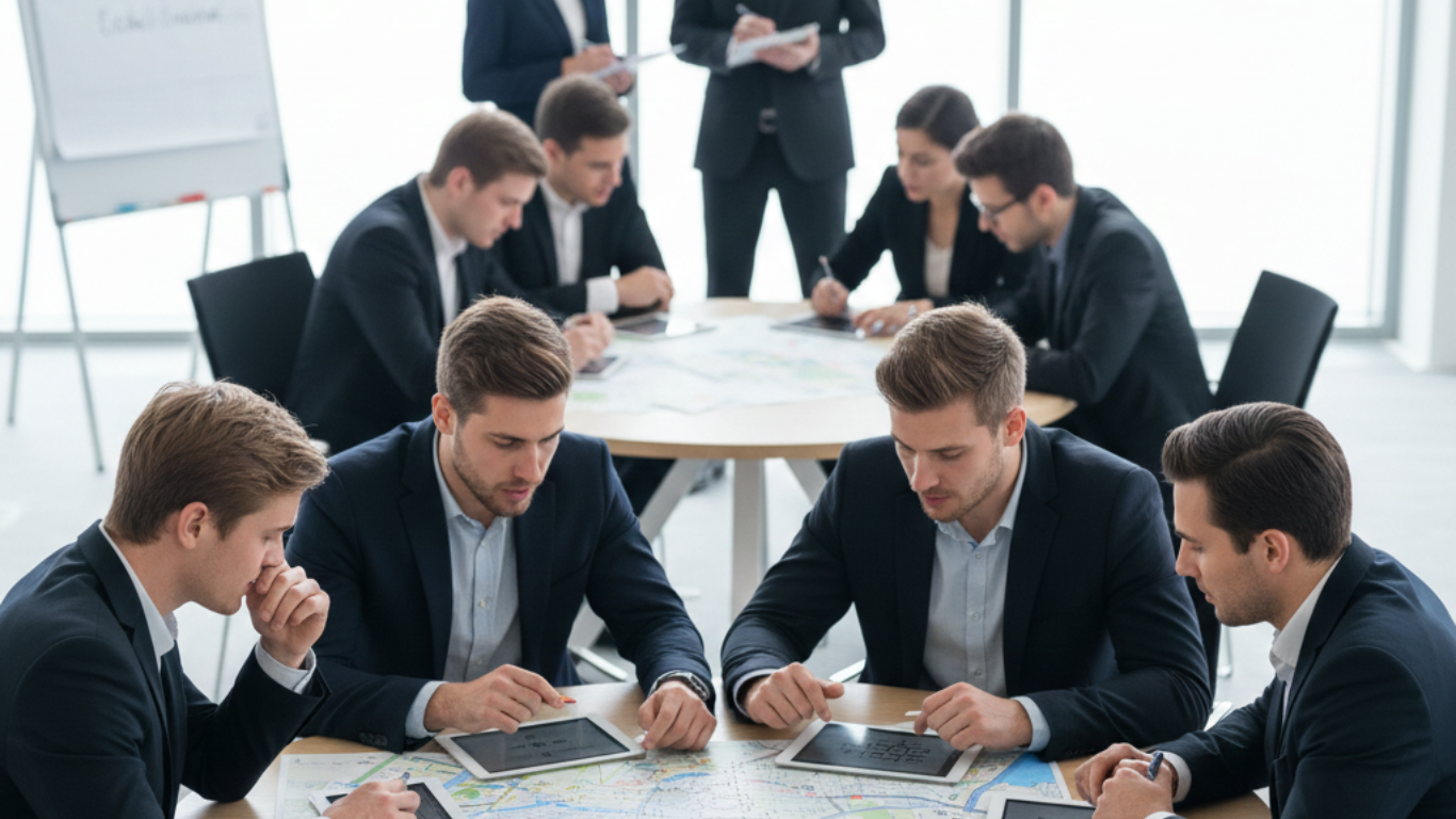 Assessment center setting with candidates solving tasks, modern office environment, professional