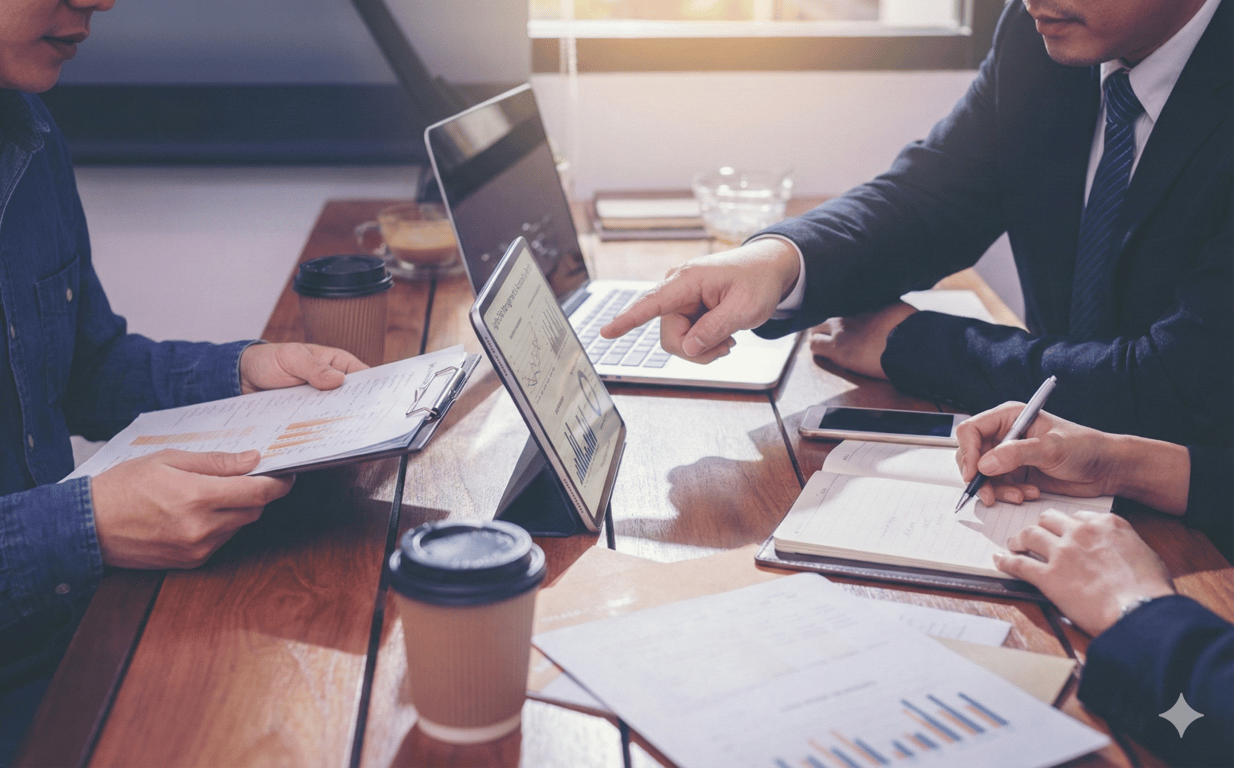 Strategy session with team analyzing data and insights