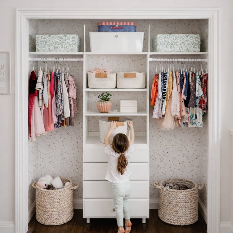 Reach-in wardrobe with organized hanging clothes