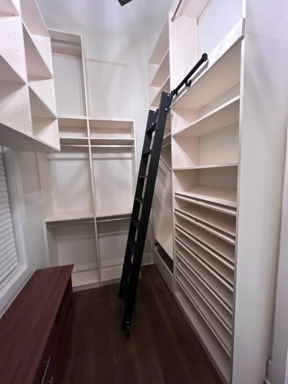 White Walk-In Closet with Library Ladder and Shoe Shelving