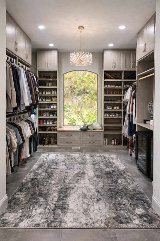 Luxury custom walk-in closet with chandelier and window seating